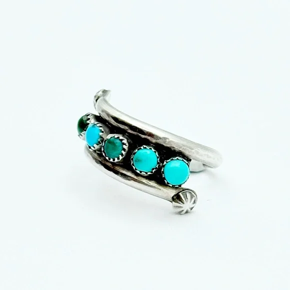 Vintage Turquoise Sterling Silver Ring - Native American 5-Stone Snake Eye - Picture 3 of 9